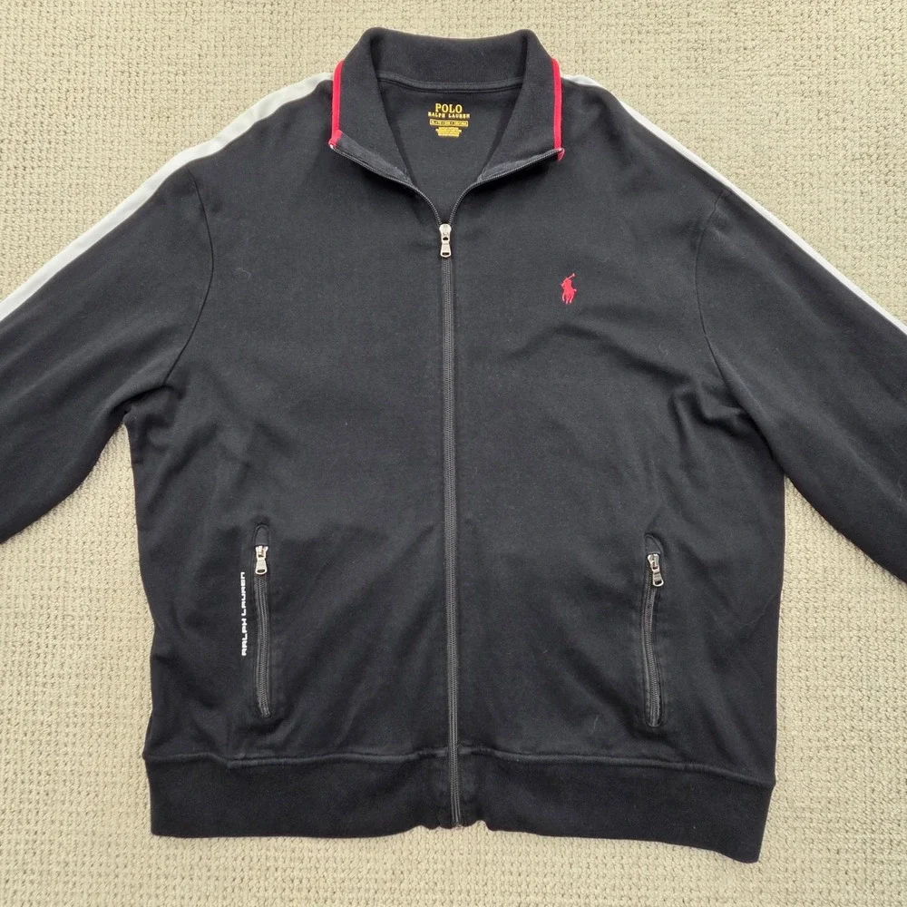 Polo Ralph Lauren Mens XL Black Full Zip Track Jacket Red Pony Side Stripe
